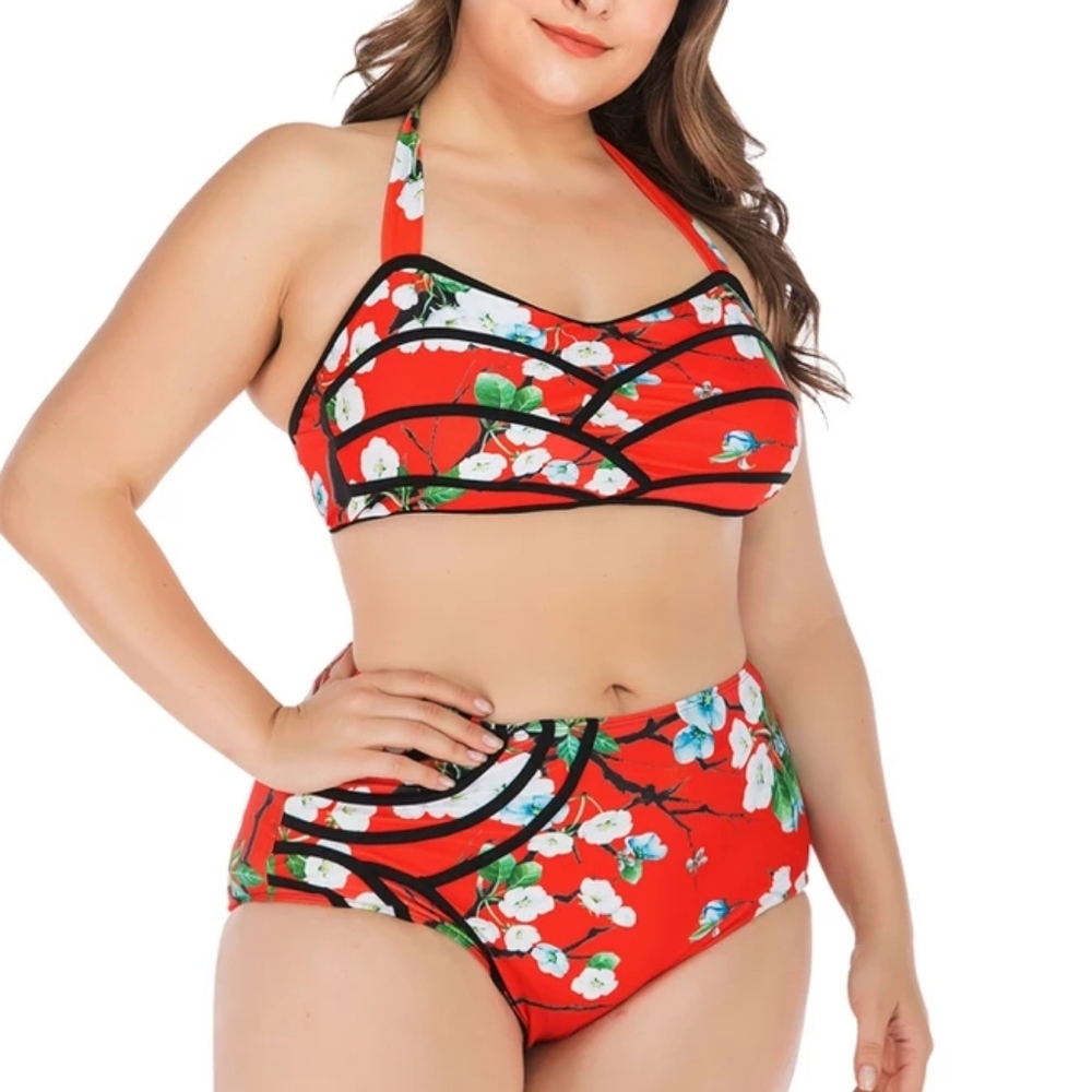 Womens orange floral high waist bikini swimsuit swimwear bathing suit, Sz XL(14)